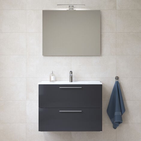 Vitra Badezimmerschrank mit Spiegel, Waschbecken und Led-Beleuchtung Vitra Mia 79x61x39,5 cm, anthrazit glänzend (MIASET80A)