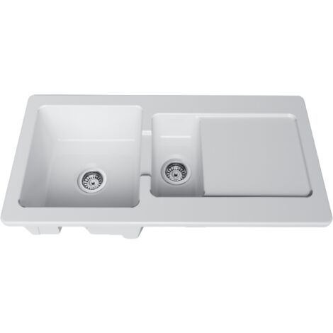 Vitra – Évier céramique blanc 100x50 cm – 1 bac 1/2 réversible avec égouttoir – Bonde et siphon inclus – Pour meuble sous évier 80 cm