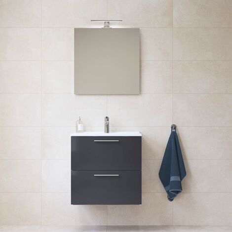 Vitra – Meuble lave-mains avec lavabo, miroir et éclairage LED 59x61x39,5 cm – MIASET60A – Anthracite brillant – 2 tiroirs Hettich avec amortisseur