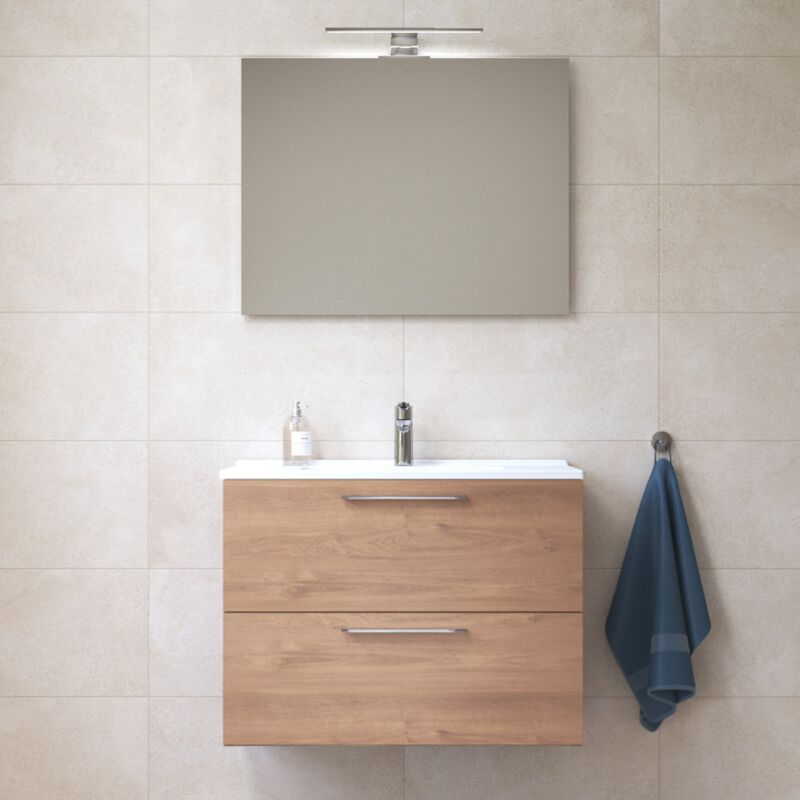 Mia Bathroom Unit, Mirror, Washbasin, and led Lighting, 79 x 61 x 39.5 cm - Oak (MIASET80D) - Vitra