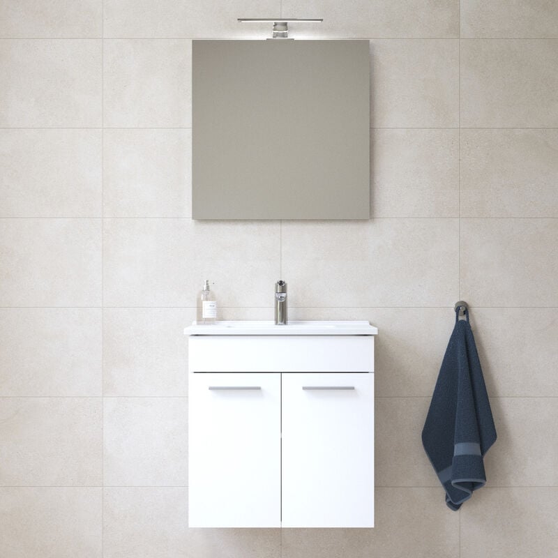 Vitra - Mia ensemble meuble non assemblé 59x61x39,5 cm + miroir + lavabo céramique + éclairage led, blanc brillant (MIASETFP60B)