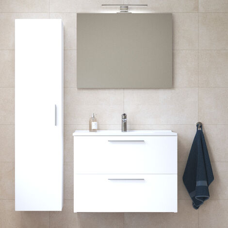 Vitra  Mia set mueble 79x61x39,5 cm con espejo, lavabo, iluminación LED + armario 145x35x35cm para baño, Blanco alto brillo