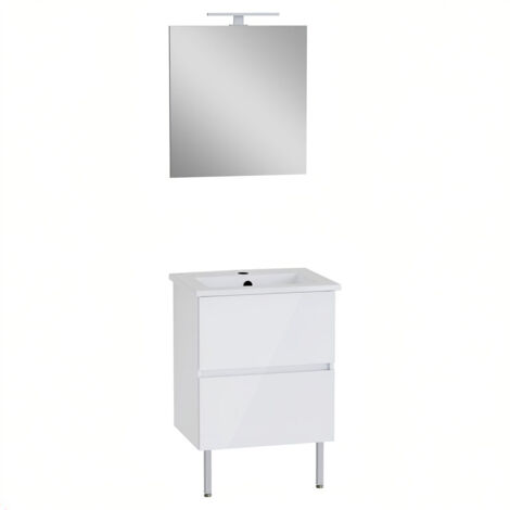 VitrA Pack meuble 60cm blanc brillant 2 tiroirs Mia Plus Square, plan céramique, miroir avec éclairage Led
