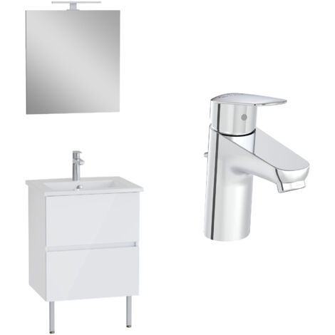 VitrA Pack meuble 60cm blanc brillant 2 tiroirs Mia Plus Square, plan céramique, miroir avec éclairage, mitigeur et vidage