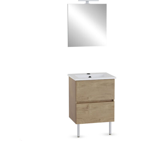 VitrA Pack meuble 60cm chêne doré 2 tiroirs Mia Plus Square, plan céramique, miroir avec éclairage Led