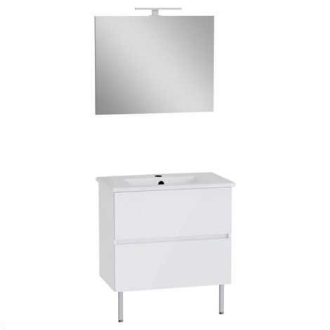 VitrA Pack meuble 80cm blanc brillant 2 tiroirs Mia Plus Square, plan céramique, miroir avec éclairage Led