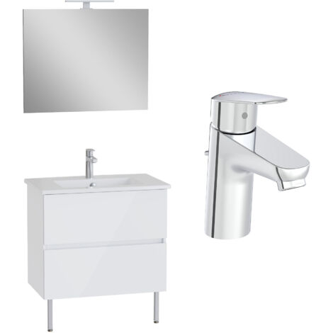 VitrA Pack meuble 80cm blanc brillant 2 tiroirs Mia Plus Square, plan céramique, miroir avec éclairage, mitigeur et vidage