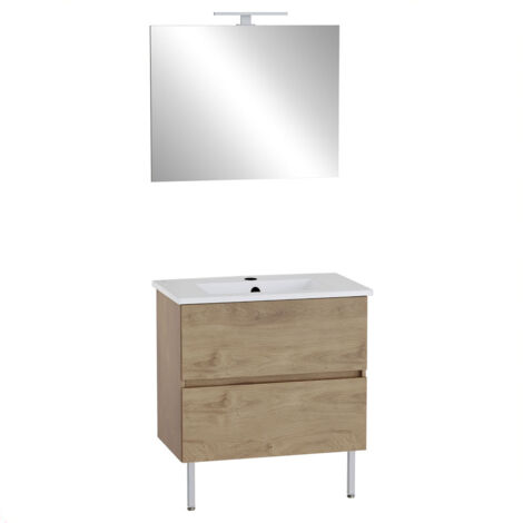 VitrA Pack meuble 80cm chêne doré 2 tiroirs Mia Plus Square, plan céramique, miroir avec éclairage Led