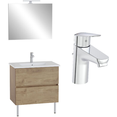 VitrA Pack meuble 80cm chêne doré 2 tiroirs Mia Plus Square, plan céramique, miroir avec éclairage, mitigeur et vidage