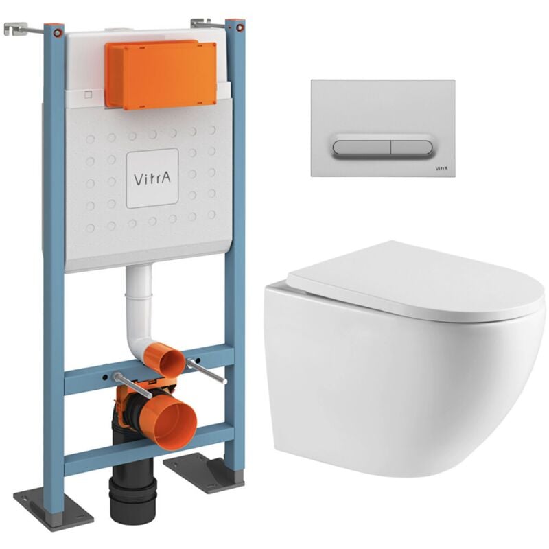 Pack wc Bâti autoportant V-Fix Core + wc sat sans bride + Abattant SoftClose + Plaque chrome mat (VFTFFUSIONTQ5) - Vitra