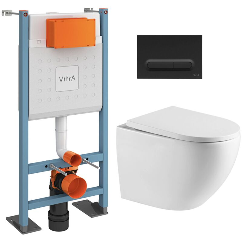 Vitra Pack WC Bâti autoportant V-Fix Core + WC SAT sans bride + Abattant SoftClose + Plaque noire mat (VFTFFUSIONTQ6)