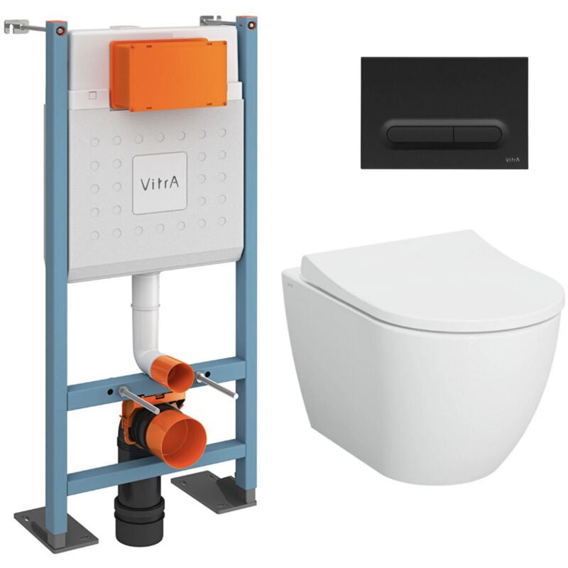 Vitra Pack WC Bâti-support autoportant V-Fix Core + WC sans bride Vitra S60 + abattant + Plaque noire mat (VFTFS60-6)