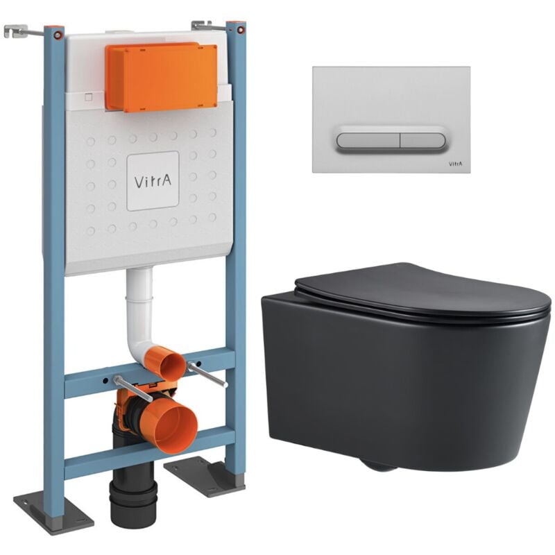 Vitra Pack WC Bâti-support autoportant V-Fix Core + WC SAT sans bride + Abattant SoftClose + Plaque chrome mat (VFTFBLSAT5)