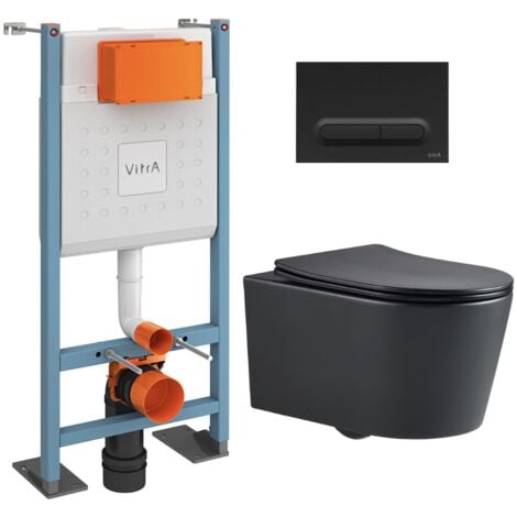 Vitra Pack WC Bâti-support autoportant V-Fix Core + WC SAT sans bride + Abattant SoftClose + Plaque noir mat (VFTFBLSAT6)