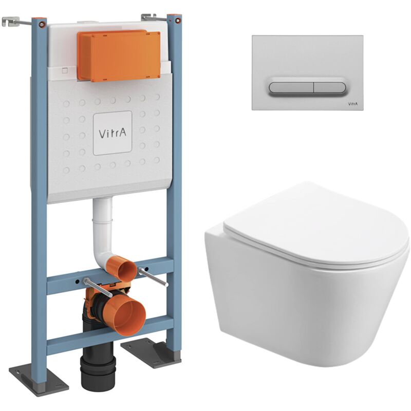 Pack wc Bâti-support autoportant V-Fix Core + wc sat sans bride et fixations invisibles + Plaque chrome mat (VFTFINFI5) - Vitra