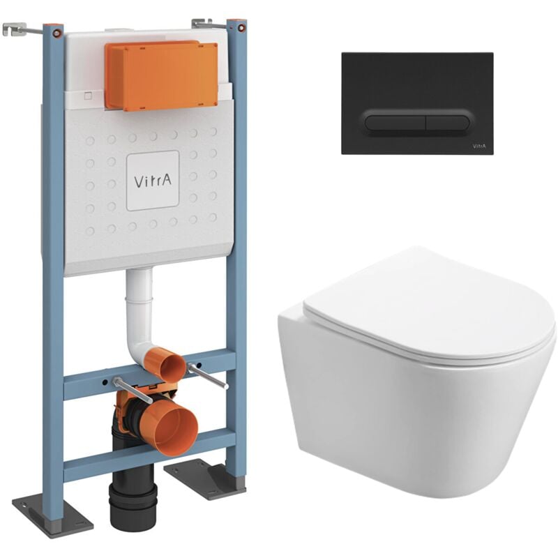 Pack wc Bâti-support autoportant V-Fix Core + wc sat sans bride et fixations invisibles + Plaque noir mat (VFTFINFI6) - Vitra