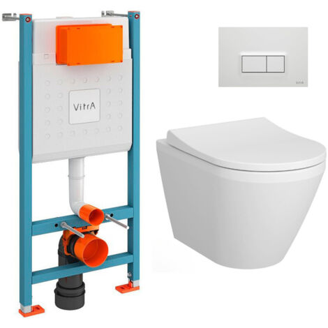 Vitra  Pack WC Bâti-support V-Fix Core + WC sans bride Integra, fixations invisibles + Plaque, Blanc Brillant (V-FixIntegraRimless-1)