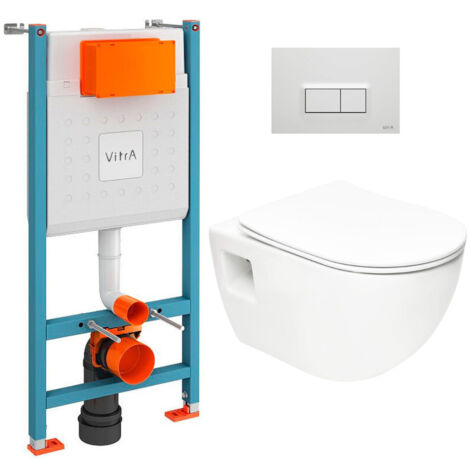 Vitra  Pack WC Bâti-support V-Fix Core + WC sans bride SAT + Abattant SoftClose + Plaque, Blanc brillant (V-FixProject-1)