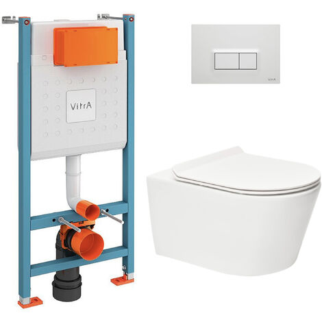 Vitra  Pack WC Bâti-support V-Fix Core + WC sans bride SAT Brevis + Plaque, Blanc brillant (V-FixBrevis-1)