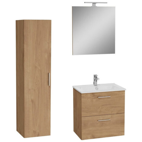 Vitra Set Mia ensemble meuble 59x61x39,5 cm pour salle de bain avec miroir, lavabo et éclairage LED + armoire 145x35x35 cm, Chêne