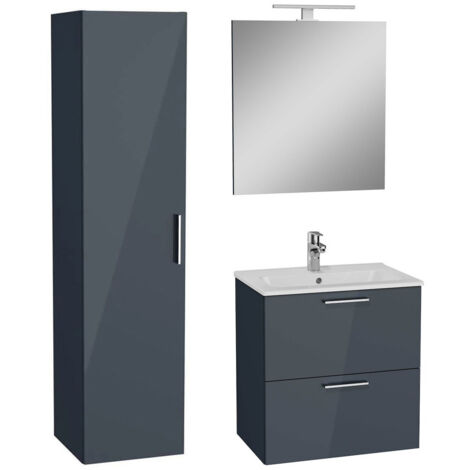Vitra Set Mia ensemble meuble 59x61x39,5cm avec miroir, lavabo, éclairage LED + armoire 145x35x35cm, Anthracite brillant
