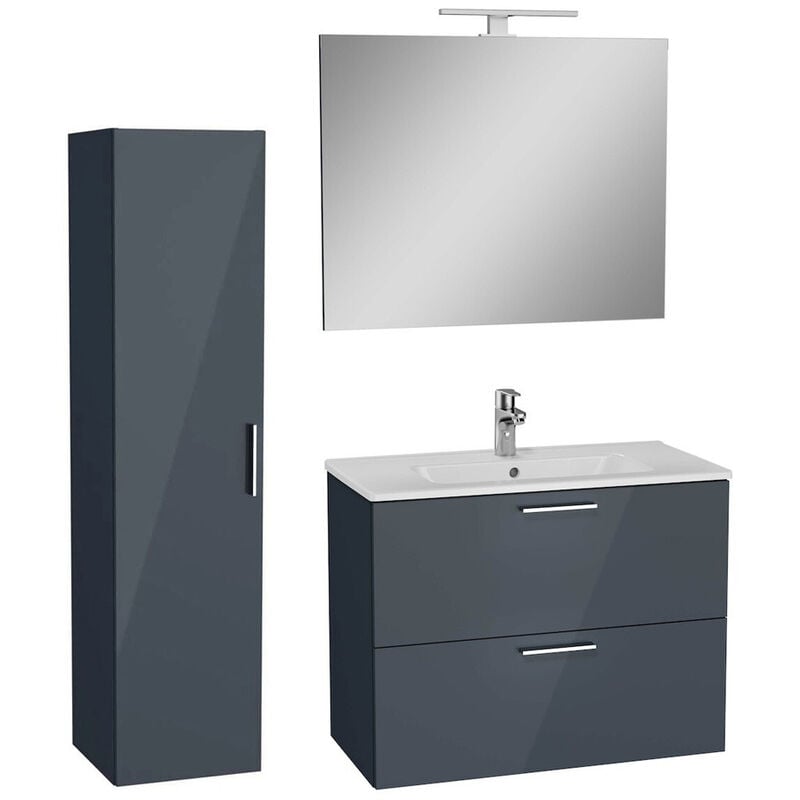 Vitra - Set Mia ensemble meuble 79x61x39,5 cm avec miroir, lavabo, éclairage led + armoire 145x35x35cm, Anthracite brillant