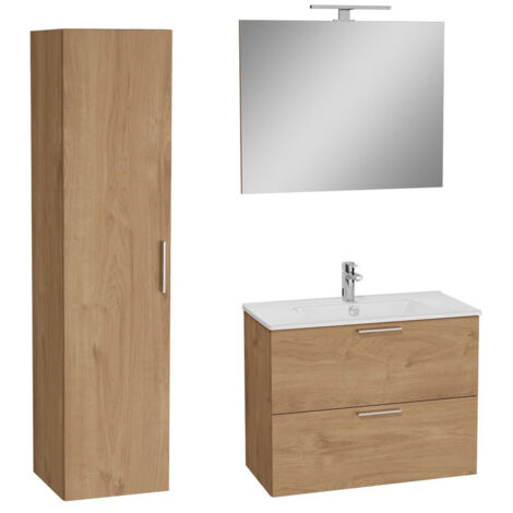 Vitra Set Mia ensemble meuble 79x61x39,5 cm avec miroir, lavabo et éclairage LED + armoire 145x35x35 cm, Chêne