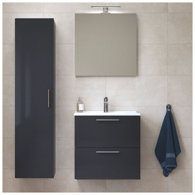Vitra - Set Mia ensemble meuble 59x61x39,5cm avec miroir, lavabo, éclairage led + armoire 145x35x35cm, Anthracite brillant