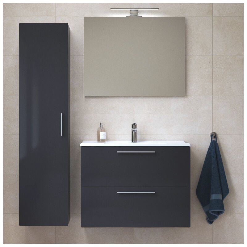 Vitra Set Mia ensemble meuble 79x61x39,5 cm avec miroir, lavabo, éclairage LED + armoire 145x35x35cm, Anthracite brillant