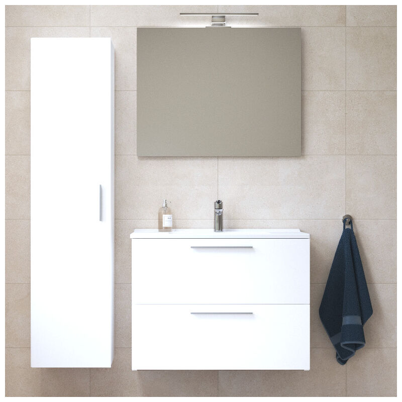 Vitra Set Mia ensemble meuble 79x61x39,5 cm avec miroir, lavabo, éclairage LED + armoire 145x35x35cm, Blanc brillant