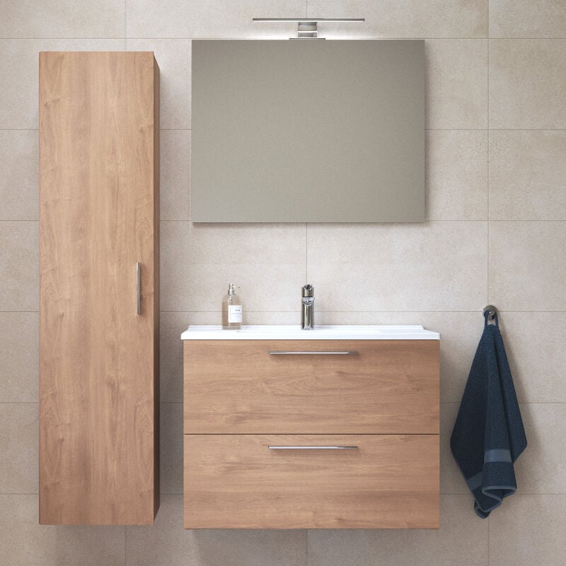 Vitra - Set Mia ensemble meuble 79x61x39,5 cm avec miroir, lavabo et éclairage led + armoire 145x35x35 cm, Chêne