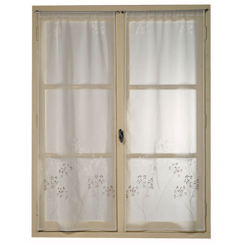 Paire de petits voilages en étamine brodée motif bouquet 'artifice' Ivoire 60x160 cm