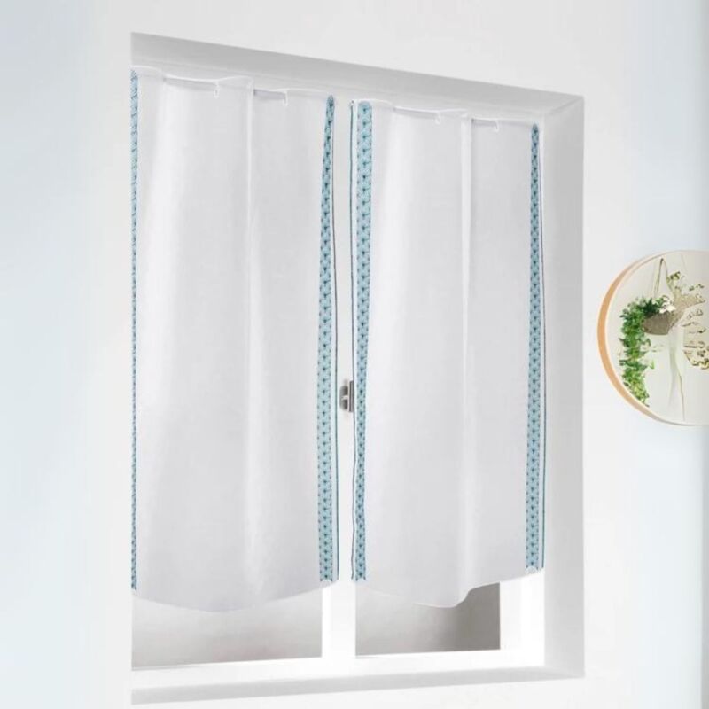 Vitrages Passe-tringles à la paire Brodés 'pierrot' - 58x120cm - Turquoise