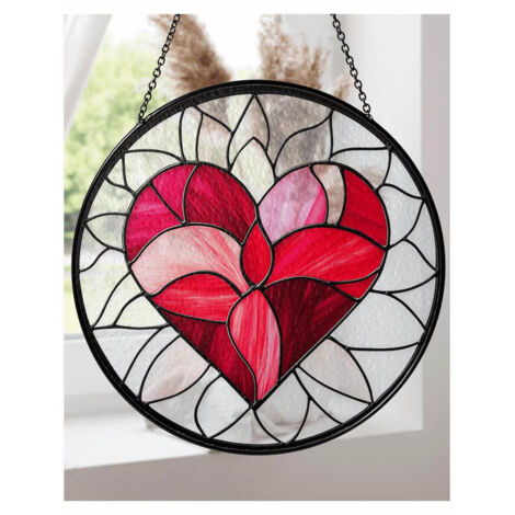 Vitrail cœur diamètre 16 cm, attrape-soleil suspendu