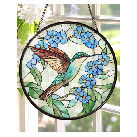 Vitrail colibri 15 cm, attrape-soleil fenêtre, décoration florale intérieure