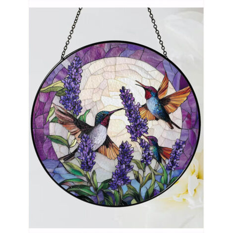 Vitrail colibris diamètre 16 cm, attrape-soleil intérieur