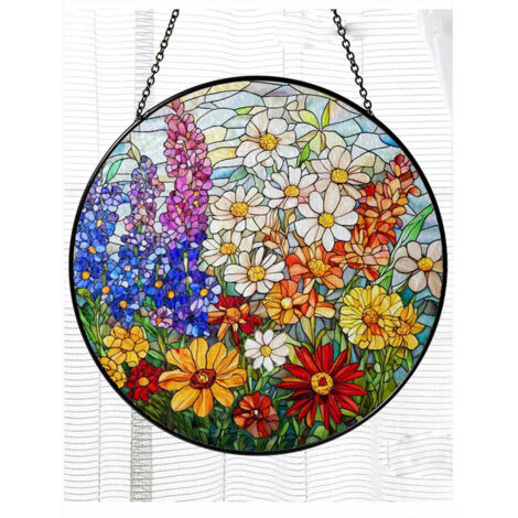 Vitrail fleurs sauvages diamètre 16 cm, attrape-soleil intérieur