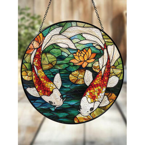Vitrail koi diamètre 16 cm, attrape-soleil intérieur