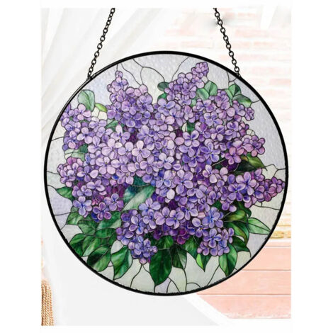 Vitrail lilas 25 cm, attrape-soleil vitrail, décoration florale