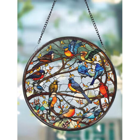 Vitrail oiseaux diamètre 16 cm, attrape-soleil intérieur