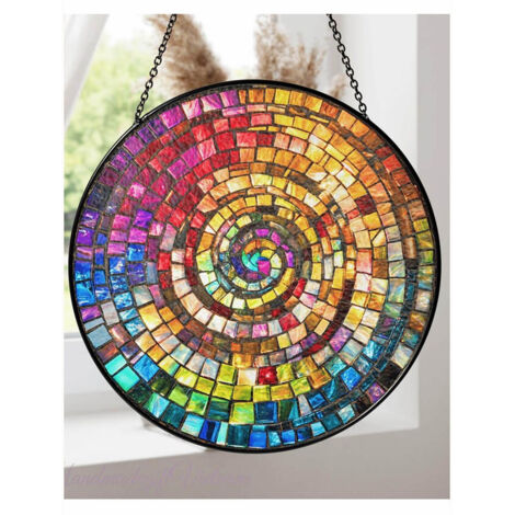 Vitrail spirale diamètre 16 cm, attrape-soleil suspendu