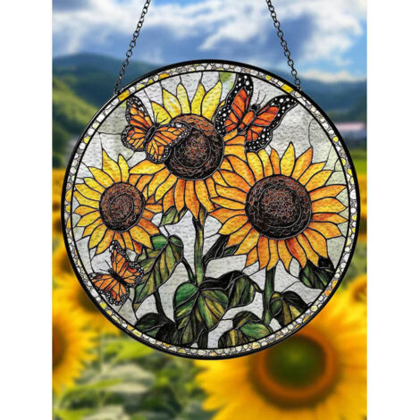 Vitrail tournesol diamètre 16 cm, attrape-soleil intérieur