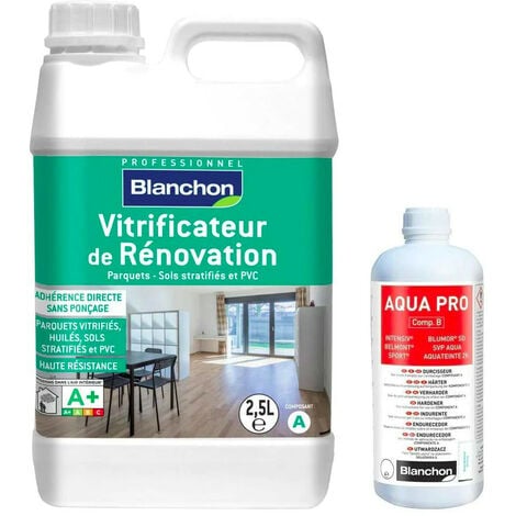 Vitrificateur de rénovation Blanchon 404456 2,5L avec durcisseur 0,25L aspect satiné sans odeur pour parquets sols stratifiés et pvc