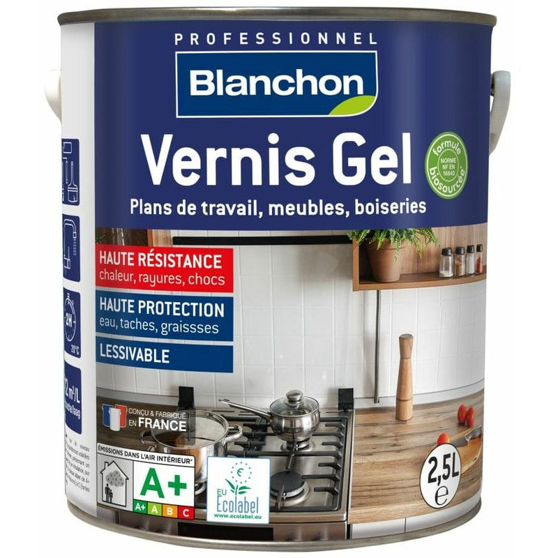 Vernis Blanchon Gel Biosourcé incolore 2,5L intérieur haute résistance pour plans de travail et meubles en bois