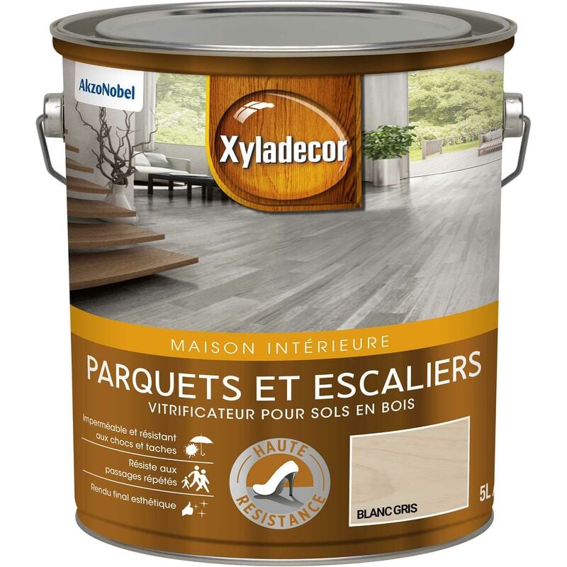 Xyladecor - Vitrificateur pour sols intérieurs en bois - Parquet et Escalier - aspect satin blanc gris 5 l Blanc Gris