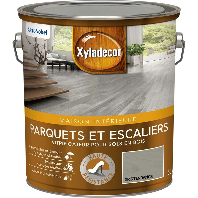 Xyladecor - Vitrificateur pour sols intérieurs en bois - Parquet et Escalier - aspect satin gris tendance 5 l Gris Tendance