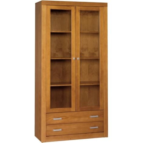 Vitrina 2 puertas y 2 cajones, pino macizo, Moblit, serie Kalpe, medidas: (200x100x37) cm ( altoxanchoxfondo), color cerezo.