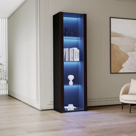 Vitrina 55x38x166 cm con LED 3 estantes vidrio negro brillante para salón almacenaje