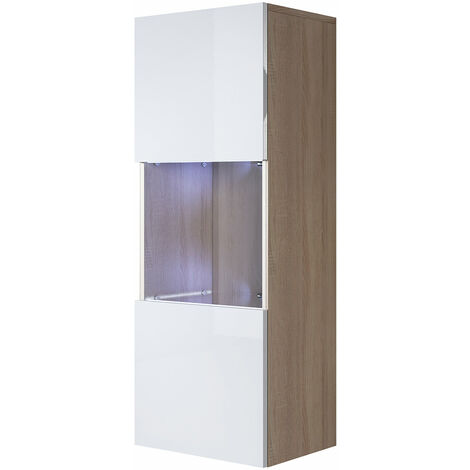 Vitrina colgante 1 puerta 3 compartimentos – Sonoma y Blanco Acabado en Brillo LED – 40 x 126 x 29cm – LUKE V3 - Sonoma/White