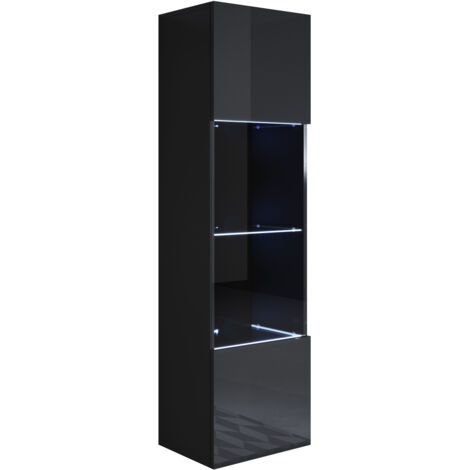 Vitrina colgante  Armario  Mueble de Salón  Vitrina de pared  LED  1 puerta  40x165x29cm  Modelo Luke V6  Negro brillo